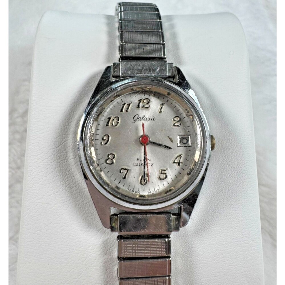 Vintage Retro Galaxie Elgin Watch Silver Tone Quartz Japan Movement